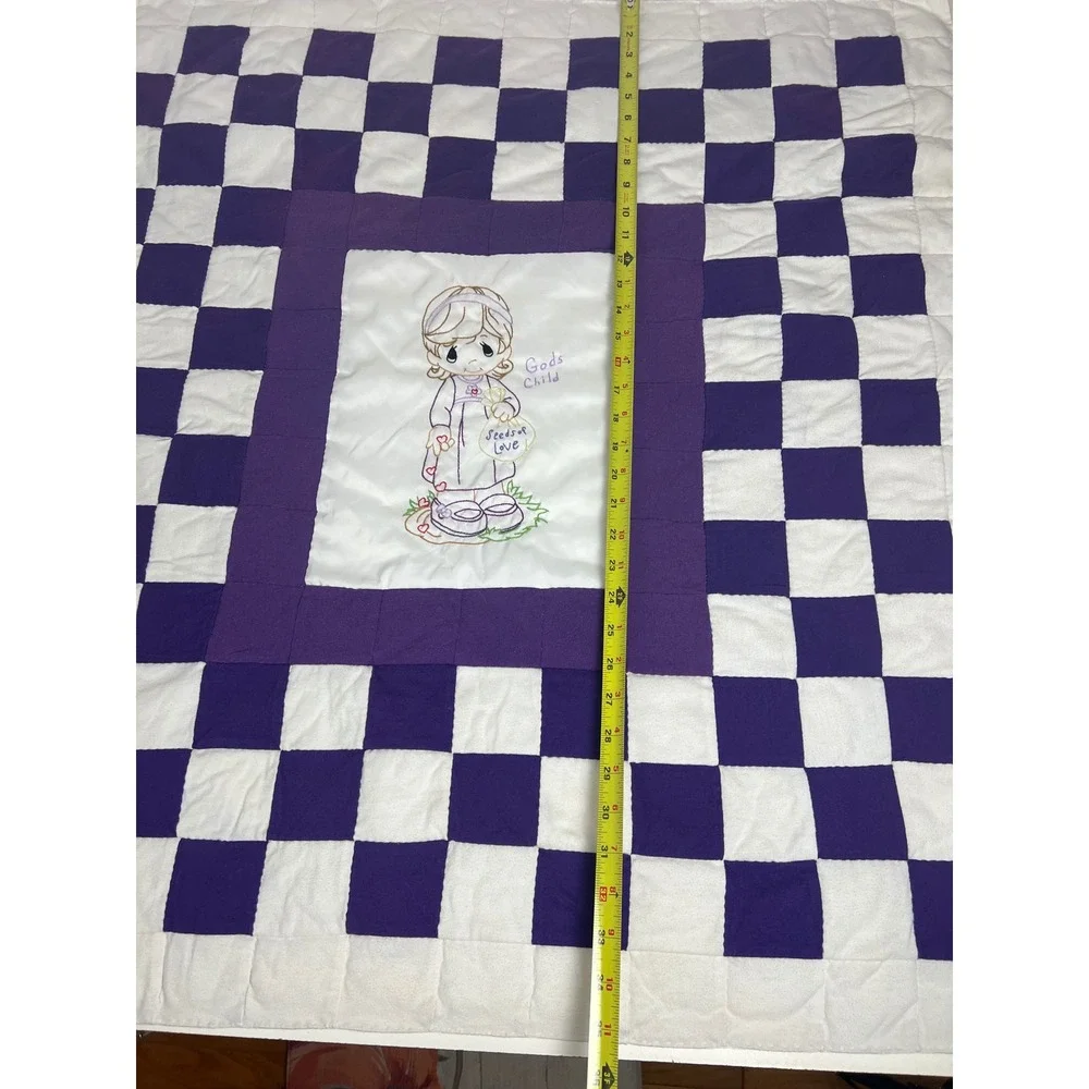 Precious Moments‎ Gods Child Embroidered Quilt Blanket Purple White Checkered